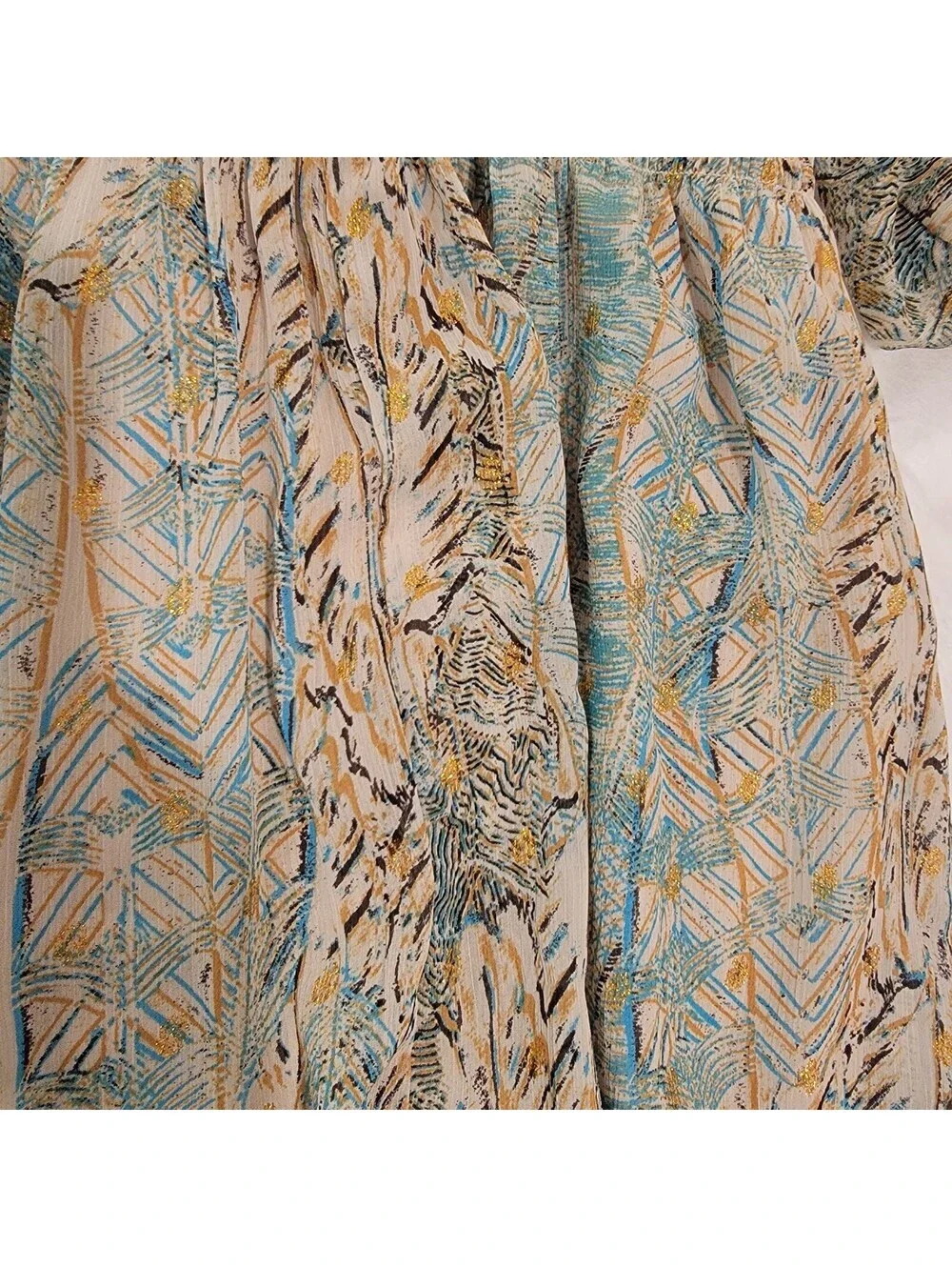 Lovestitch Boho Mini Dress Open Back Gold Foil Split Sleeve Smocked Blue M